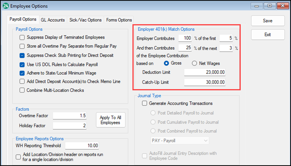 Image showing the employee options with Employer 401(k) matching.